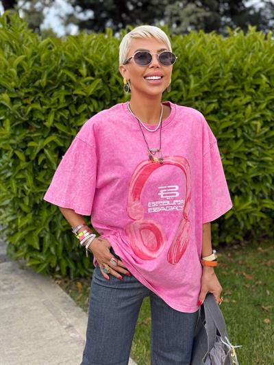 PEMBE KULAKLIK BASKILI OVERSIZE TSHIRT