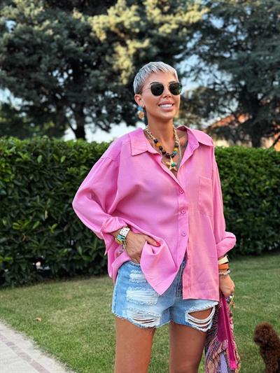 PEMBE OMZU DÜŞÜK OVERSIZE GÖMLEK 