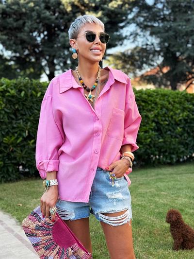 PEMBE OMZU DÜŞÜK OVERSIZE GÖMLEK 