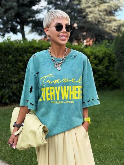 PETROL YIRTIKLI BASKILI OVERSIZE TSHIRT