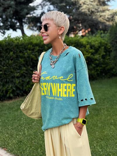 PETROL YIRTIKLI BASKILI OVERSIZE TSHIRT