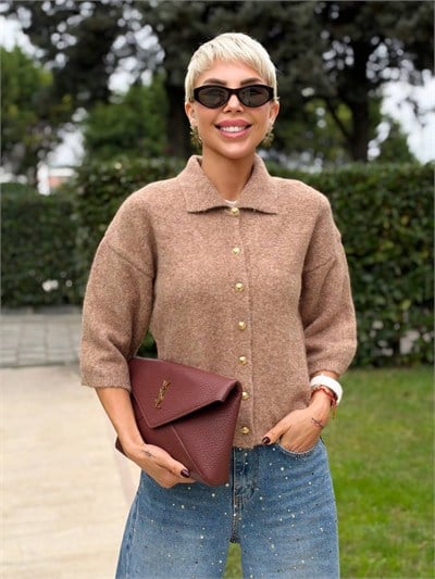 Polo Yaka Gold Düğmeli Yumoş Hırka Vizon