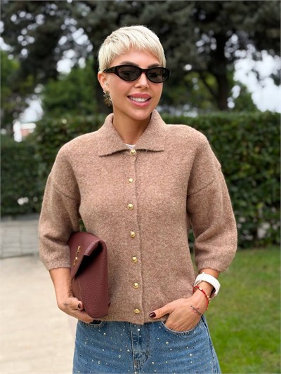 Polo Yaka Gold Düğmeli Yumoş Hırka Vizon