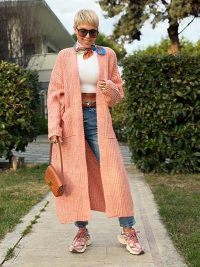 POWDER PINK LONG KNIT CARDIGAN WITH SIDE POCKETS
