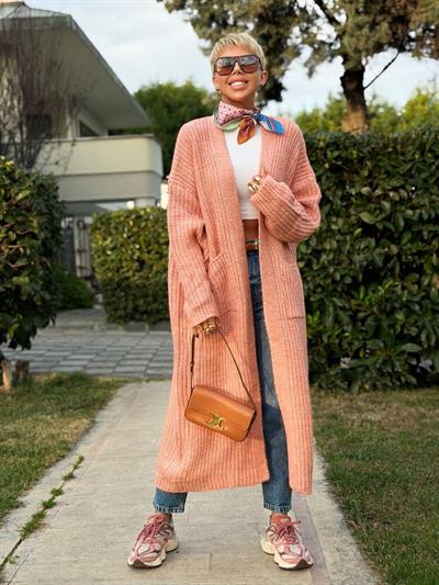 POWDER PINK LONG KNIT CARDIGAN WITH SIDE POCKETS