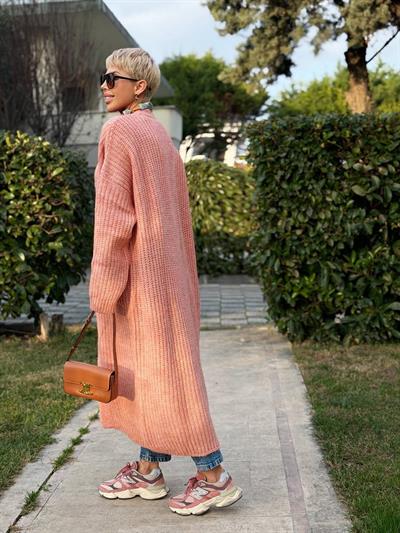 POWDER PINK LONG KNIT CARDIGAN WITH SIDE POCKETS