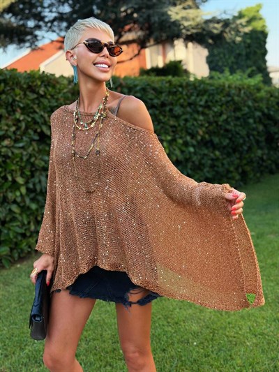 Pullu Asimetrik Kesim Pullu Panço Camel