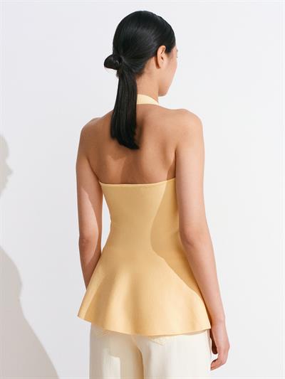 YELLOW HALTER-NECK PEPLUM KNIT BLOUSE