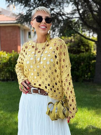 SARI DELİKLİ MERSERİZE BLUZ