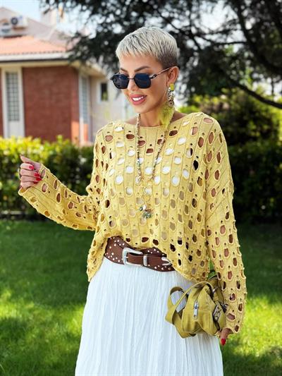 SARI DELİKLİ MERSERİZE BLUZ