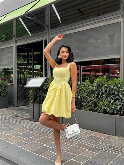 SARI POPLİN BALON ETEK MİNİ ELBİSE