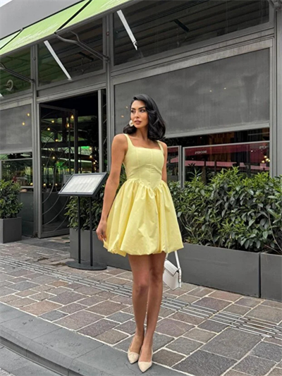 SARI POPLİN BALON ETEK MİNİ ELBİSE