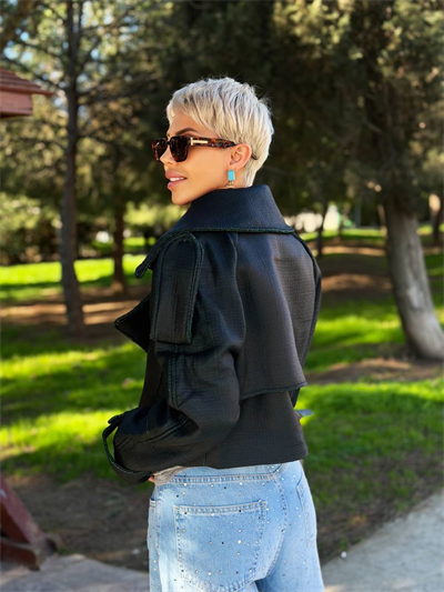 SİYAH APOLETLİ KISA DERİ CEKET 