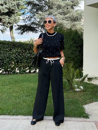 SİYAH BEL DETAY CEPLİ PALAZZO PANTOLON