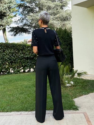 SİYAH BEL DETAY CEPLİ PALAZZO PANTOLON