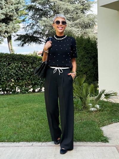 SİYAH BEL DETAY CEPLİ PALAZZO PANTOLON