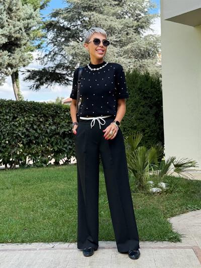 SİYAH BEL DETAY CEPLİ PALAZZO PANTOLON