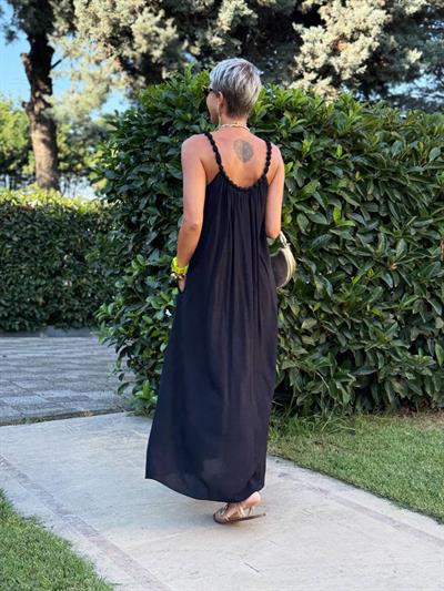 SİYAH BONCUK YAKA ASKILI ELBİSE