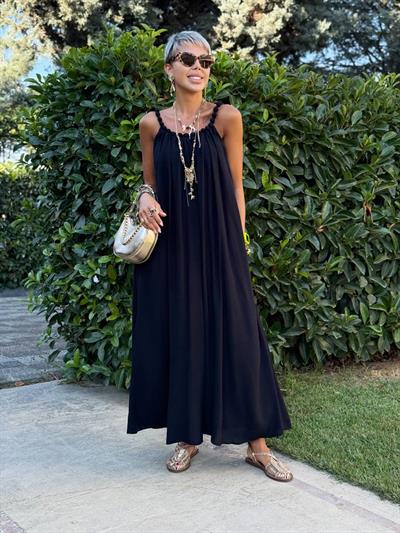 SİYAH BONCUK YAKA ASKILI ELBİSE