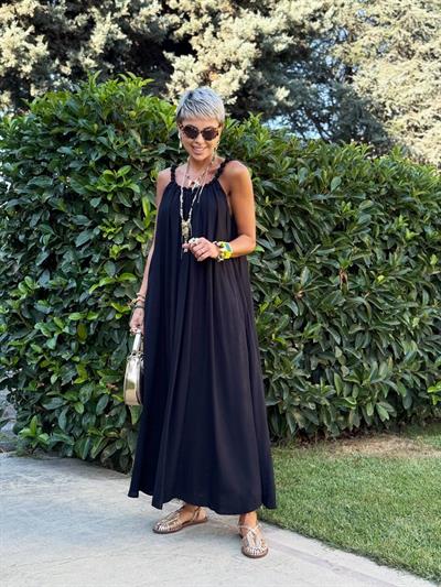 SİYAH BONCUK YAKA ASKILI ELBİSE