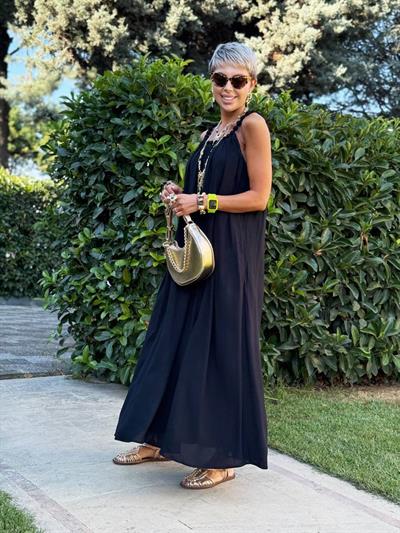 SİYAH BONCUK YAKA ASKILI ELBİSE