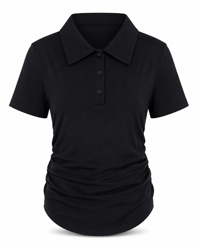 SİYAH BÜZGÜ DETAY POLO YAKA TOP