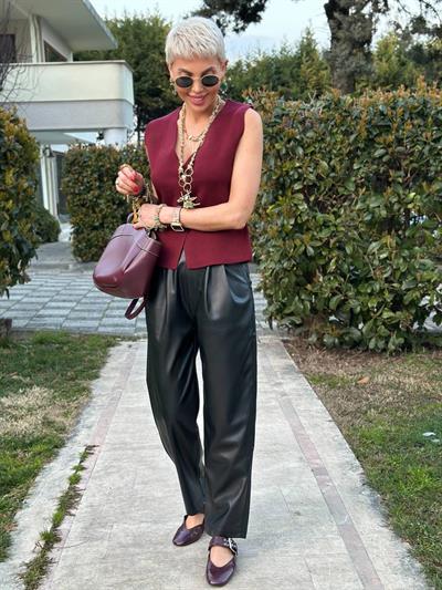 SİYAH ÇİFT PİLELİ SUNİ DERİ PANTOLON