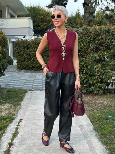 SİYAH ÇİFT PİLELİ SUNİ DERİ PANTOLON