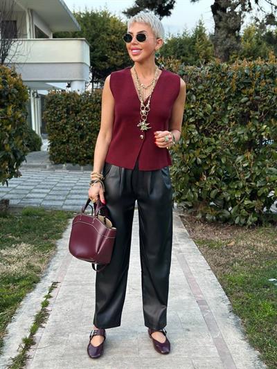 SİYAH ÇİFT PİLELİ SUNİ DERİ PANTOLON