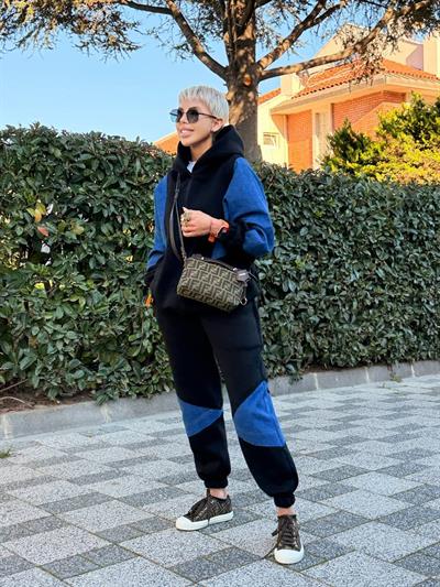 SİYAH DENIM DETAY HOODIE JOGGER TAKIM