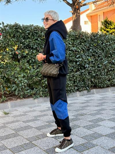 SİYAH DENIM DETAY HOODIE JOGGER TAKIM