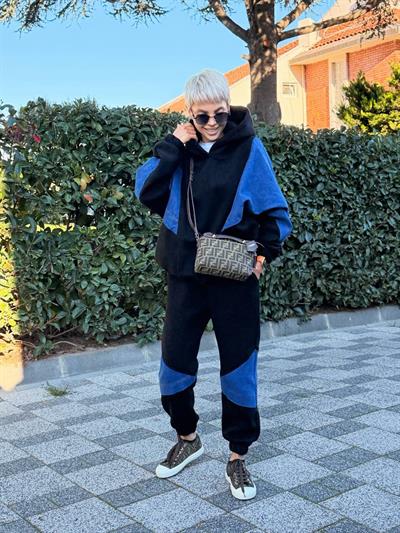 SİYAH DENIM DETAY HOODIE JOGGER TAKIM