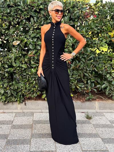 SİYAH DÜĞME DETAYLI ELBİSE