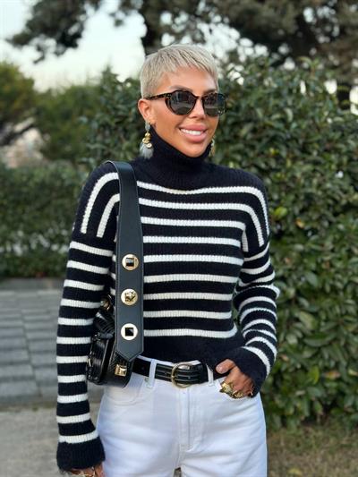 SİYAH-EKRU ÇİZGİLİ SAKALLI BALIKÇI YAKA KAZAK