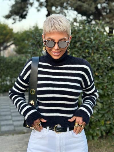 SİYAH-EKRU ÇİZGİLİ SAKALLI BALIKÇI YAKA KAZAK