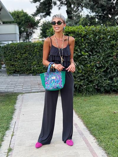 SİYAH FIRFIRLI CROP PANTOLON TAKIM
