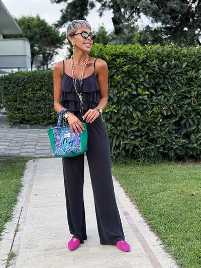 SİYAH FIRFIRLI CROP PANTOLON TAKIM