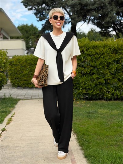 SİYAH FULAR DETAYLI TSHIRT PANTOLON TAKIM