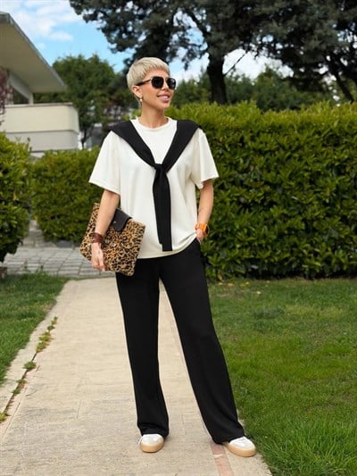 SİYAH FULAR DETAYLI TSHIRT PANTOLON TAKIM