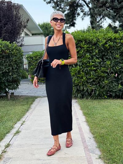 SİYAH HALTER YAKA FİTİLLİ TRİKO ELBİSE