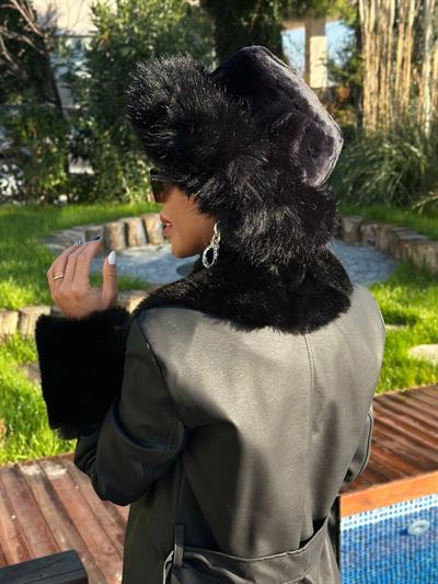 SİYAH İÇİ KÜRKLÜ PELUŞ KALPAK ŞAPKA