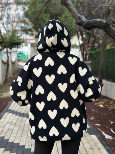 SİYAH KALP DESENLİ PELUŞ CEKET