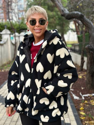 SİYAH KALP DESENLİ PELUŞ CEKET