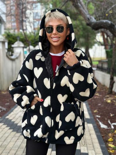 SİYAH KALP DESENLİ PELUŞ CEKET