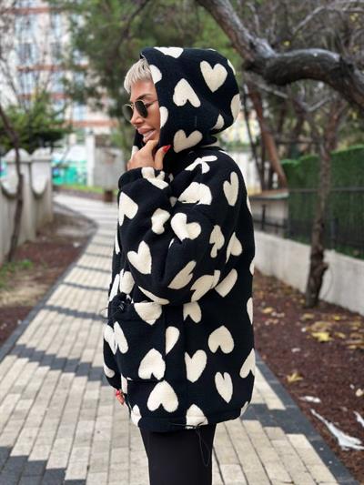 SİYAH KALP DESENLİ PELUŞ CEKET