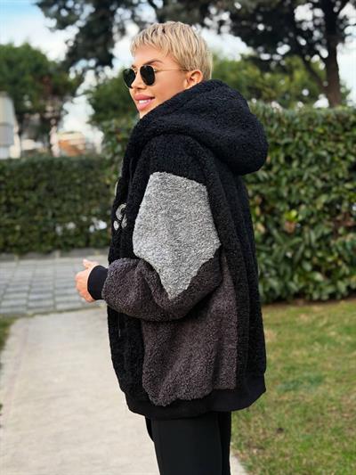 SİYAH KAPÜŞONLU COLLAGE TEDDY MONT