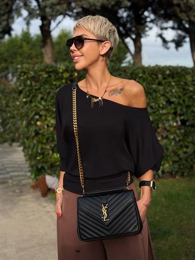 SİYAH KAYIK YAKA YARASA KOL BLUZ