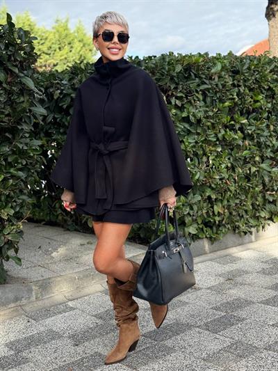 SİYAH KEMERLİ KAŞE PANÇO KABAN