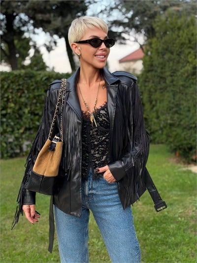 SİYAH KEMERLİ PÜSKÜLLÜ DERİ BLAZER CEKET