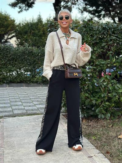 SİYAH LEOPAR ŞERİTLİ PALAZZO PANTOLON